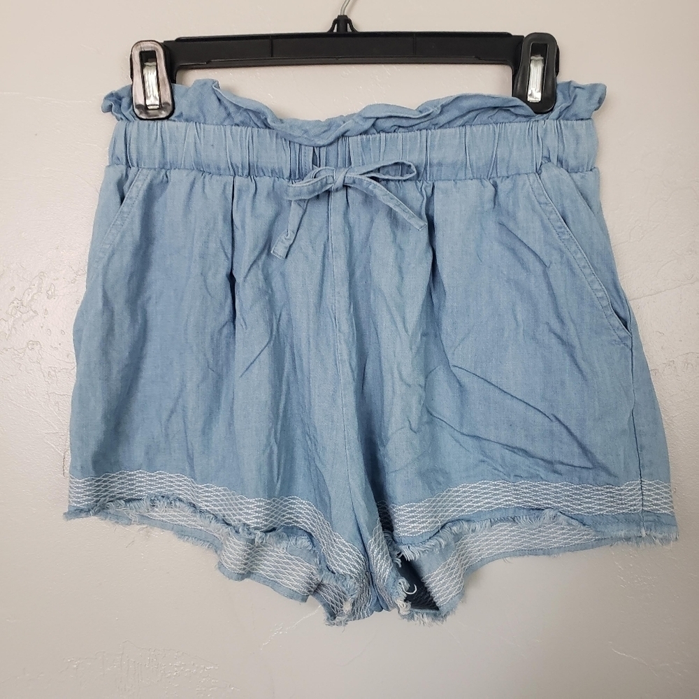Suboo Women's 4 Soft Blue Shorts Paper Bag Waist Drawstring White Embroidery